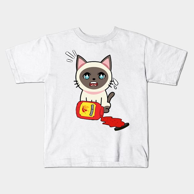 Cute Siamese cat Spills Hot Sauce Tabasco Kids T-Shirt by Pet Station